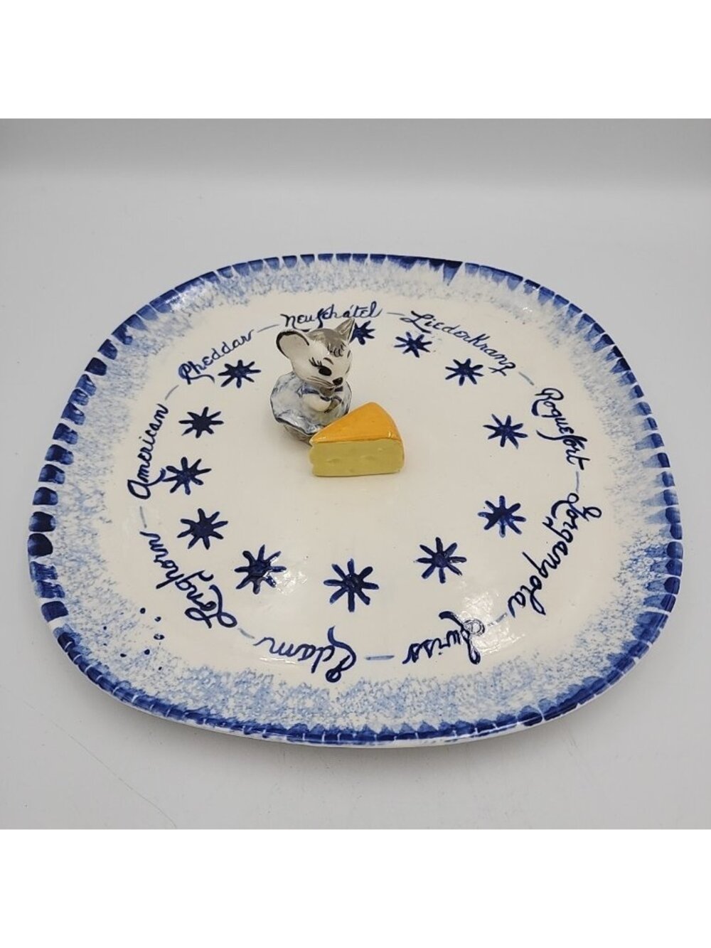 Vintage Cheese Plate Hand Painted Mouse Ceramic  10" Blue White